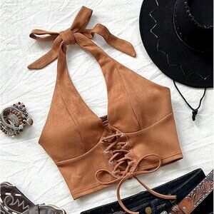 Women's Lace Up Crop Halter Top